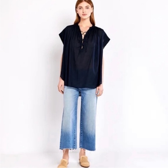 Nili Lotan Navy Blue Cotton Top Lace Up Oversized Andes Normandy Blouse - Picture 1 of 5